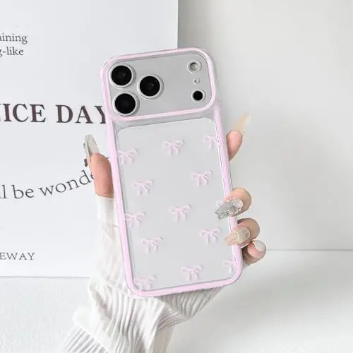 NITITOP Compatible for iPhone 17 Pro Max Case Cute Clear Durable Ribbon Bowknot Pattern for Girls Women Soft TPU Transparent Full Camera Lens Shockproof Protective Phone Cover - Pink - 5