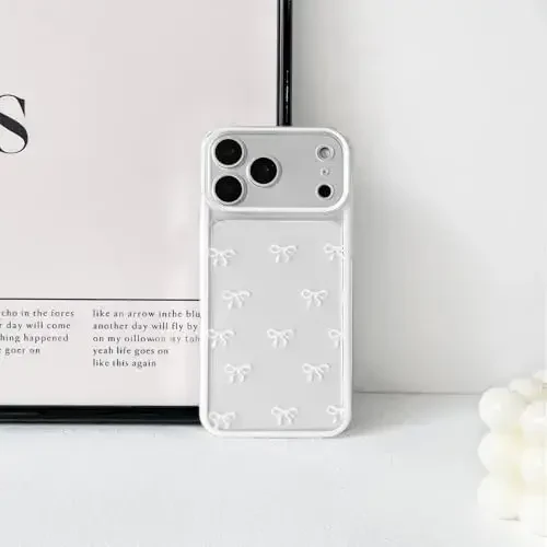 NITITOP Compatible for iPhone 17 Pro Max Case Cute Clear Durable Ribbon Bowknot Pattern for Girls Women Soft TPU Transparent Full Camera Lens Shockproof Protective Phone Cover - White - 6