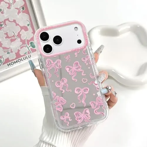 NITITOP Compatible for iPhone 17 Pro Max Case Cute Mirror Bow Love Heart Pattern for Women Girls Ribbon Design Shockproof Silver Protective Phone Cover - Pink - 4