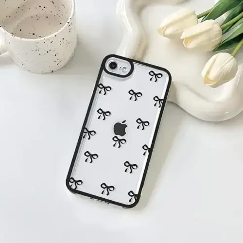 NITITOP Compatible for iPhone SE 2020 / SE 2022/7 / 8 Case Cute Clear Ribbon Bowknot Pattern for Girls Women Soft TPU Transparent Full Camera Lens Shockproof Protective Phone Cover - Black - NITITOP (1)