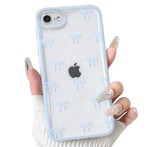 NITITOP Compatible for iPhone SE 2020 / SE 2022/7 / 8 Case Cute Clear Ribbon Bowknot Pattern for Girls Women Soft TPU Transparent Full Camera Lens Shockproof Protective Phone Cover - Blue 