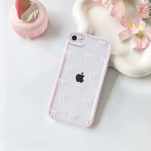 NITITOP Compatible for iPhone SE 2020 / SE 2022/7 / 8 Case Cute Clear Ribbon Bowknot Pattern for Girls Women Soft TPU Transparent Full Camera Lens Shockproof Protective Phone Cover - Pink - 2