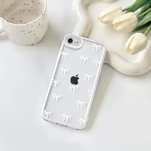 NITITOP Compatible for iPhone SE 2020 / SE 2022/7 / 8 Case Cute Clear Ribbon Bowknot Pattern for Girls Women Soft TPU Transparent Full Camera Lens Shockproof Protective Phone Cover - White - NITITOP (1)