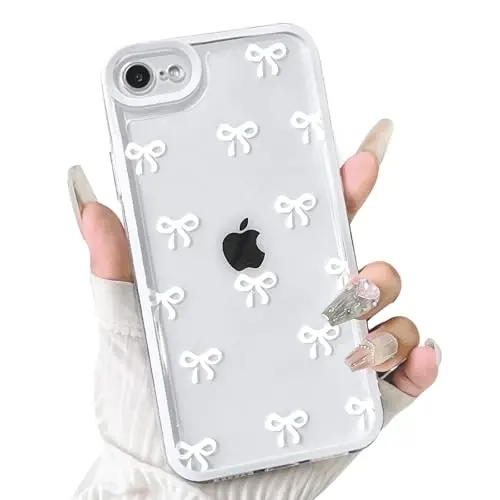 NITITOP Compatible for iPhone SE 2020 / SE 2022/7 / 8 Case Cute Clear Ribbon Bowknot Pattern for Girls Women Soft TPU Transparent Full Camera Lens Shockproof Protective Phone Cover - White 