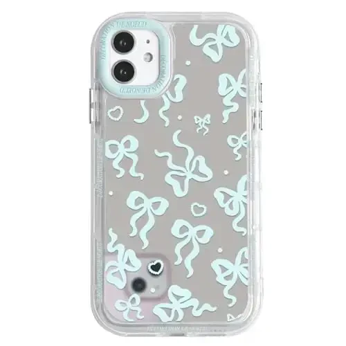 NITITOP Compatible with iPhone 11 Case Cute Mirror Bow Love Heart Pattern for Women Girls Ribbon Design Shockproof Silver Protective Phone Cover - Blue Bow - NITITOP