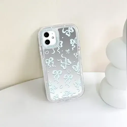 NITITOP Compatible with iPhone 11 Case Cute Mirror Bow Love Heart Pattern for Women Girls Ribbon Design Shockproof Silver Protective Phone Cover - Blue Bow - 8
