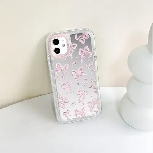 NITITOP Compatible with iPhone 11 Case Cute Mirror Bow Love Heart Pattern for Women Girls Ribbon Design Shockproof Silver Protective Phone Cover - Light Pink Bow - 7