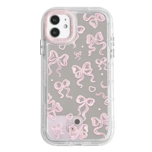 NITITOP Compatible with iPhone 11 Case Cute Mirror Bow Love Heart Pattern for Women Girls Ribbon Design Shockproof Silver Protective Phone Cover - Light Pink Bow - 1