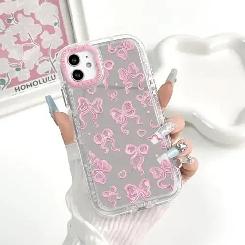 NITITOP Compatible with iPhone 11 Case Cute Mirror Bow Love Heart Pattern for Women Girls Ribbon Design Shockproof Silver Protective Phone Cover - Pink Bow - 3