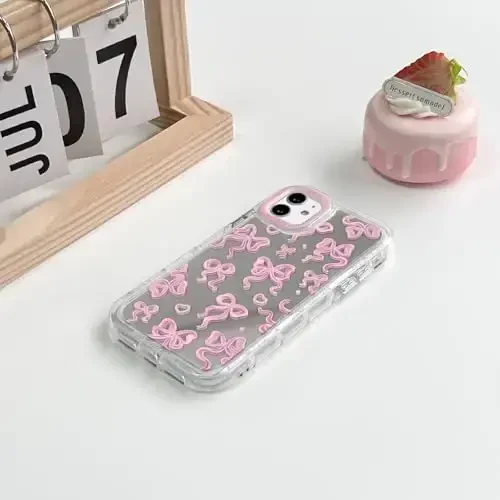 NITITOP Compatible with iPhone 11 Case Cute Mirror Bow Love Heart Pattern for Women Girls Ribbon Design Shockproof Silver Protective Phone Cover - Pink Bow - 4