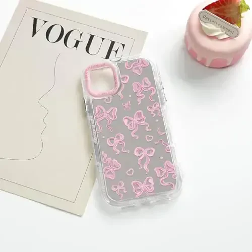 NITITOP Compatible with iPhone 11 Case Cute Mirror Bow Love Heart Pattern for Women Girls Ribbon Design Shockproof Silver Protective Phone Cover - Pink Bow - 5