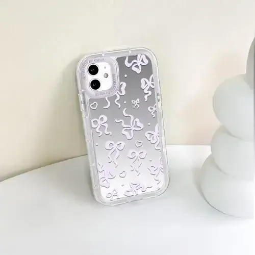 NITITOP Compatible with iPhone 11 Case Cute Mirror Bow Love Heart Pattern for Women Girls Ribbon Design Shockproof Silver Protective Phone Cover - Pink Purple Bow - 7