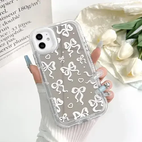 NITITOP Compatible with iPhone 11 Case Cute Mirror Bow Love Heart Pattern for Women Girls Ribbon Design Shockproof Silver Protective Phone Cover - White Bow - 3
