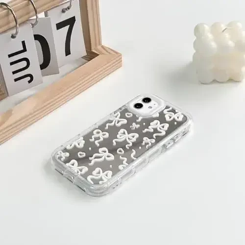 NITITOP Compatible with iPhone 11 Case Cute Mirror Bow Love Heart Pattern for Women Girls Ribbon Design Shockproof Silver Protective Phone Cover - White Bow - 4