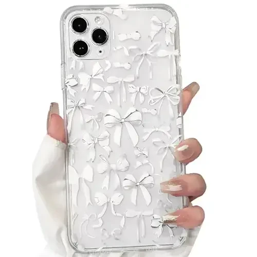 NITITOP Compatible with iPhone 11 Pro Case Cute Clear Bowknot Design for Women Girls White Bow Ribbon Soft Fit Slim Stylish Protective Phone Cover - White - NITITOP