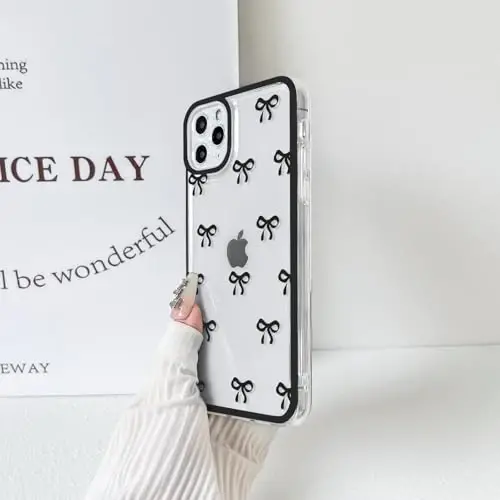 NITITOP Compatible with iPhone 11 Pro Case Cute Clear Durable Ribbon Bowknot Pattern for Girls Women Soft TPU Transparent Full Camera Lens Shockproof Protective Phone Cover - Black 