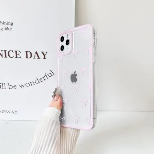NITITOP Compatible with iPhone 11 Pro Case Cute Clear Durable Ribbon Bowknot Pattern for Girls Women Soft TPU Transparent Full Camera Lens Shockproof Protective Phone Cover - Pink - 5