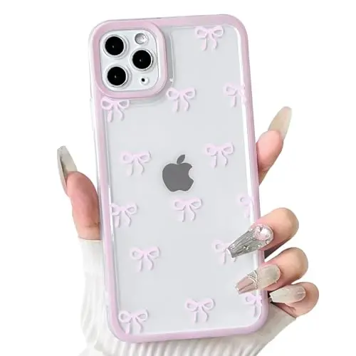 NITITOP Compatible with iPhone 11 Pro Case Cute Clear Durable Ribbon Bowknot Pattern for Girls Women Soft TPU Transparent Full Camera Lens Shockproof Protective Phone Cover - Pink 