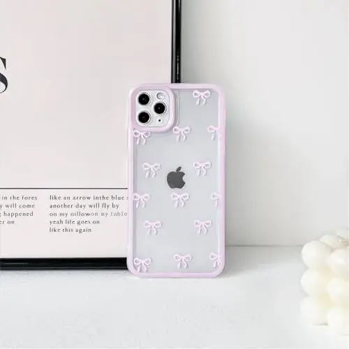 NITITOP Compatible with iPhone 11 Pro Case Cute Clear Durable Ribbon Bowknot Pattern for Girls Women Soft TPU Transparent Full Camera Lens Shockproof Protective Phone Cover - Pink - 4