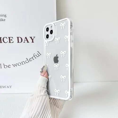 NITITOP Compatible with iPhone 11 Pro Case Cute Clear Durable Ribbon Bowknot Pattern for Girls Women Soft TPU Transparent Full Camera Lens Shockproof Protective Phone Cover - White - 5