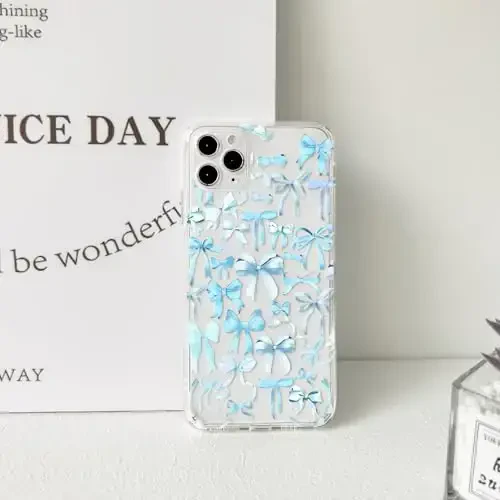 NITITOP Compatible with iPhone 11 Pro Max Case Cute Clear Bowknot Design for Women Girls Blue Bow Ribbon Soft Fit Slim Stylish Protective Phone Cover - Blue - 6