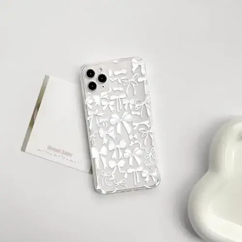 NITITOP Compatible with iPhone 11 Pro Max Case Cute Clear Bowknot Design for Women Girls White Bow Ribbon Soft Fit Slim Stylish Protective Phone Cover - White - 2