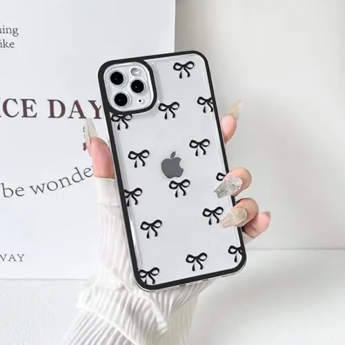 NITITOP Compatible with iPhone 11 Pro Max Case Cute Clear Durable Ribbon Bowknot Pattern for Girls Women Soft TPU Transparent Full Camera Lens Shockproof Protective Phone Cover - Black - 5