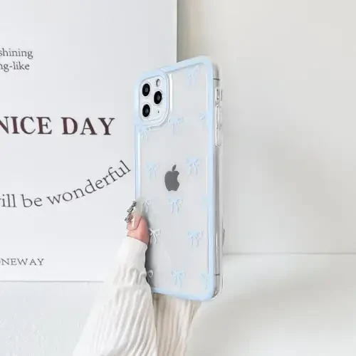 NITITOP Compatible with iPhone 11 Pro Max Case Cute Clear Durable Ribbon Bowknot Pattern for Girls Women Soft TPU Transparent Full Camera Lens Shockproof Protective Phone Cover - Blue - 5