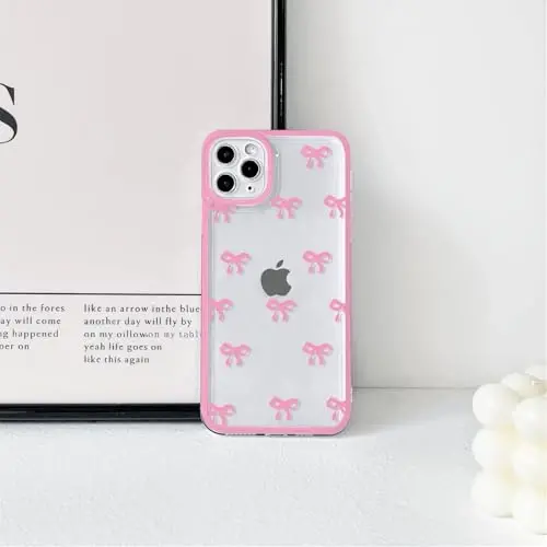 NITITOP Compatible with iPhone 11 Pro Max Case Cute Clear Durable Ribbon Bowknot Pattern for Girls Women Soft TPU Transparent Full Camera Lens Shockproof Protective Phone Cover - Rose Red - 4