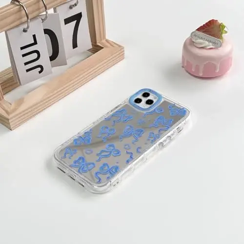 NITITOP Compatible with iPhone 11 Pro Max Case Cute Mirror Bow Love Heart Pattern for Women Girls Ribbon Design Shockproof Silver Protective Phone Cover - Indigo Blue Bow - 4