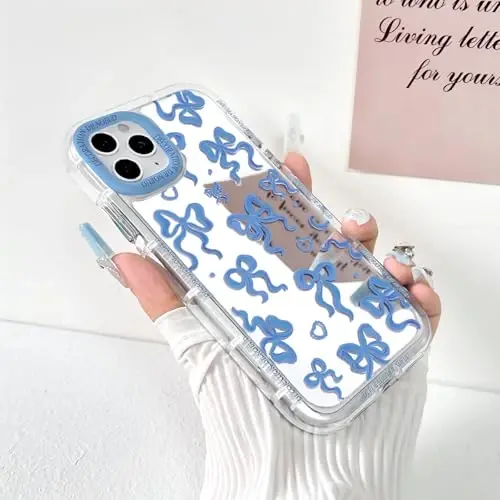 NITITOP Compatible with iPhone 11 Pro Max Case Cute Mirror Bow Love Heart Pattern for Women Girls Ribbon Design Shockproof Silver Protective Phone Cover - Indigo Blue Bow - 2