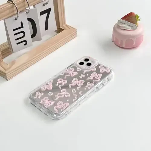 NITITOP Compatible with iPhone 11 Pro Max Case Cute Mirror Bow Love Heart Pattern for Women Girls Ribbon Design Shockproof Silver Protective Phone Cover - Light Pink Bow - 11
