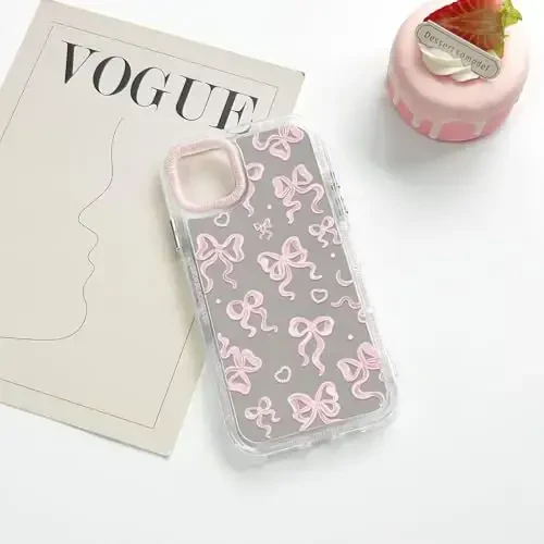 NITITOP Compatible with iPhone 11 Pro Max Case Cute Mirror Bow Love Heart Pattern for Women Girls Ribbon Design Shockproof Silver Protective Phone Cover - Light Pink Bow - 10