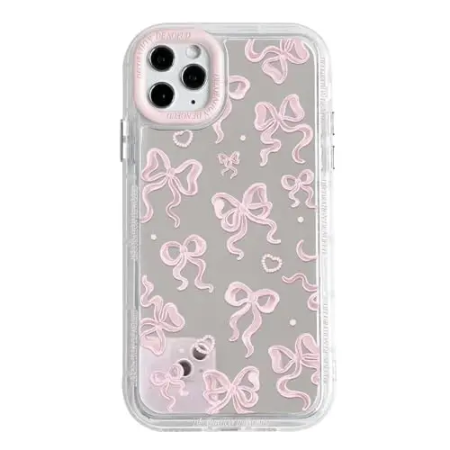 NITITOP Compatible with iPhone 11 Pro Max Case Cute Mirror Bow Love Heart Pattern for Women Girls Ribbon Design Shockproof Silver Protective Phone Cover - Light Pink Bow - 1