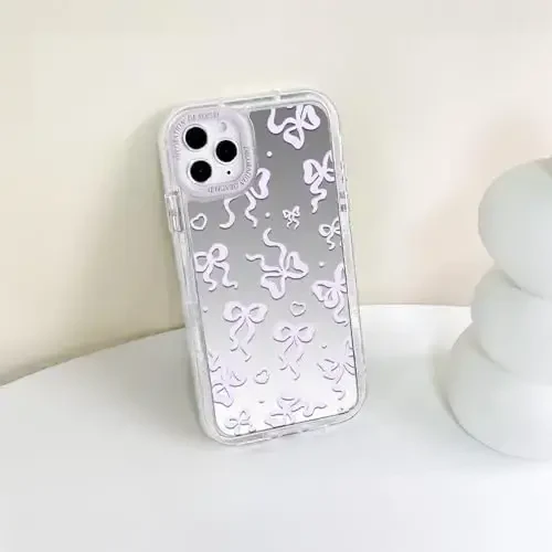 NITITOP Compatible with iPhone 11 Pro Max Case Cute Mirror Bow Love Heart Pattern for Women Girls Ribbon Design Shockproof Silver Protective Phone Cover - Pink Purple Bow - 7