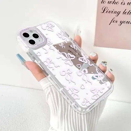 NITITOP Compatible with iPhone 11 Pro Max Case Cute Mirror Bow Love Heart Pattern for Women Girls Ribbon Design Shockproof Silver Protective Phone Cover - Pink Purple Bow - 2