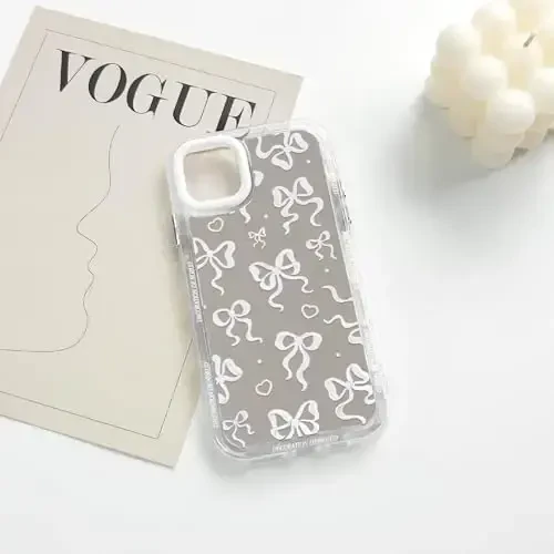 NITITOP Compatible with iPhone 11 Pro Max Case Cute Mirror Bow Love Heart Pattern for Women Girls Ribbon Design Shockproof Silver Protective Phone Cover - White Bow - 5