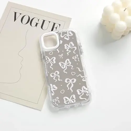 NITITOP Compatible with iPhone 11 Pro Max Case Cute Mirror Bow Love Heart Pattern for Women Girls Ribbon Design Shockproof Silver Protective Phone Cover - White Bow - 5