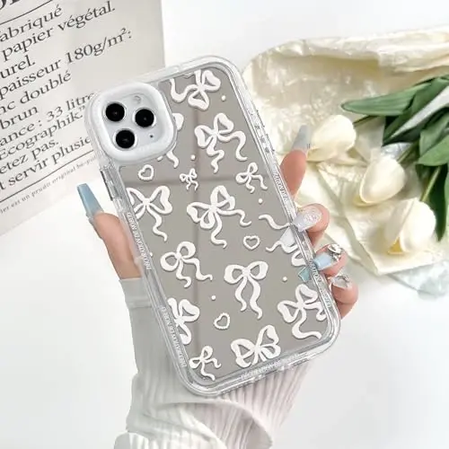 NITITOP Compatible with iPhone 11 Pro Max Case Cute Mirror Bow Love Heart Pattern for Women Girls Ribbon Design Shockproof Silver Protective Phone Cover - White Bow - 3