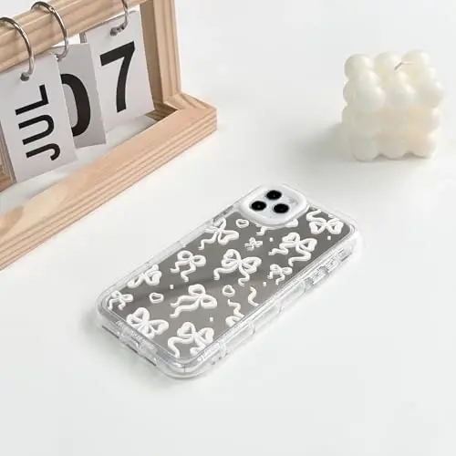 NITITOP Compatible with iPhone 11 Pro Max Case Cute Mirror Bow Love Heart Pattern for Women Girls Ribbon Design Shockproof Silver Protective Phone Cover - White Bow - 4