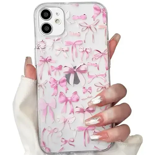 NITITOP Compatible with iPhone 12 Case Cute Clear Bowknot Design for Women Girls Pink Bow Ribbon Soft Fit Slim Stylish Protective Phone Cover - Pink - 1