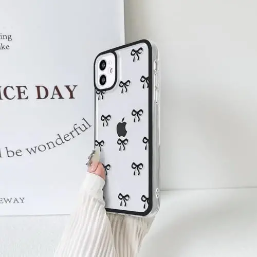 NITITOP Compatible with iPhone 12 Case Cute Clear Durable Ribbon Bowknot Pattern for Girls Women Soft TPU Transparent Full Camera Lens Shockproof Protective Phone Cover - Black - 1