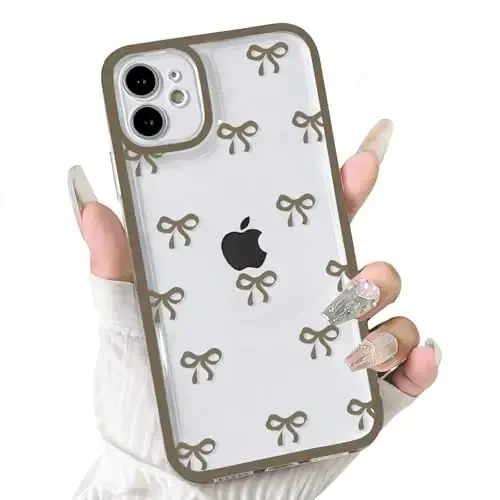 NITITOP Compatible with iPhone 12 Case Cute Clear Durable Ribbon Bowknot Pattern for Girls Women Soft TPU Transparent Full Camera Lens Shockproof Protective Phone Cover - Brown - NITITOP