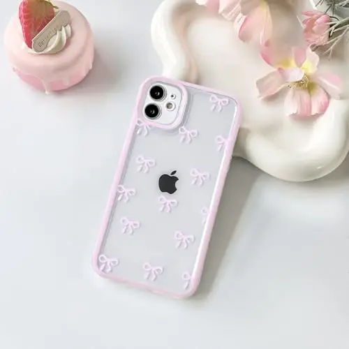 NITITOP Compatible with iPhone 12 Case Cute Clear Durable Ribbon Bowknot Pattern for Girls Women Soft TPU Transparent Full Camera Lens Shockproof Protective Phone Cover - Pink - 2