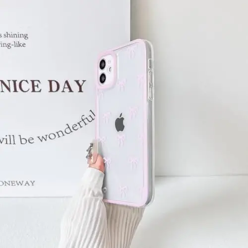 NITITOP Compatible with iPhone 12 Case Cute Clear Durable Ribbon Bowknot Pattern for Girls Women Soft TPU Transparent Full Camera Lens Shockproof Protective Phone Cover - Pink - 5
