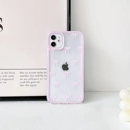 NITITOP Compatible with iPhone 12 Case Cute Clear Durable Ribbon Bowknot Pattern for Girls Women Soft TPU Transparent Full Camera Lens Shockproof Protective Phone Cover - Pink - 4