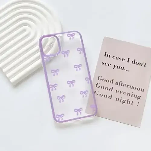 NITITOP Compatible with iPhone 12 Case Cute Clear Durable Ribbon Bowknot Pattern for Girls Women Soft TPU Transparent Full Camera Lens Shockproof Protective Phone Cover - Purple - 3