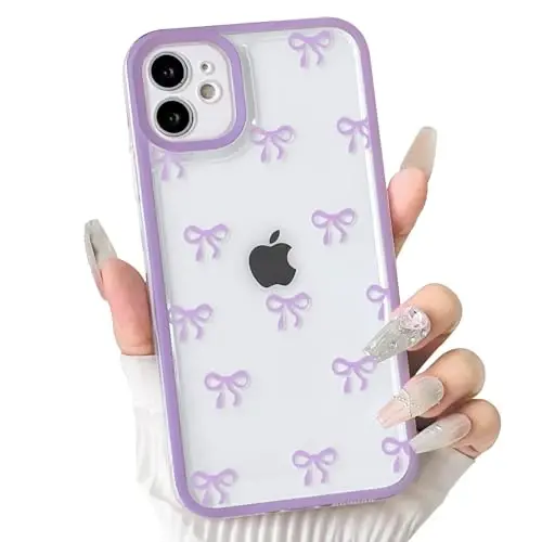 NITITOP Compatible with iPhone 12 Case Cute Clear Durable Ribbon Bowknot Pattern for Girls Women Soft TPU Transparent Full Camera Lens Shockproof Protective Phone Cover - Purple - 1