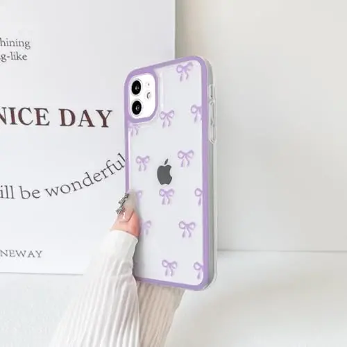 NITITOP Compatible with iPhone 12 Case Cute Clear Durable Ribbon Bowknot Pattern for Girls Women Soft TPU Transparent Full Camera Lens Shockproof Protective Phone Cover - Purple - 5