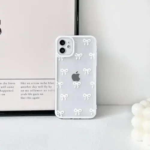 NITITOP Compatible with iPhone 12 Case Cute Clear Durable Ribbon Bowknot Pattern for Girls Women Soft TPU Transparent Full Camera Lens Shockproof Protective Phone Cover - White - 4